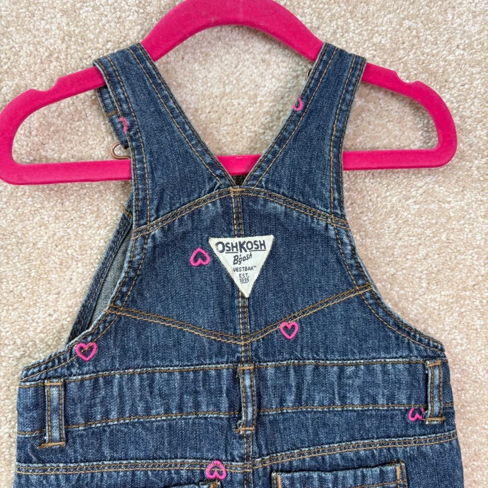 OSHKOSH Vestbak Denim Overalls Girls 9M Pink Heart Embroidered Bib